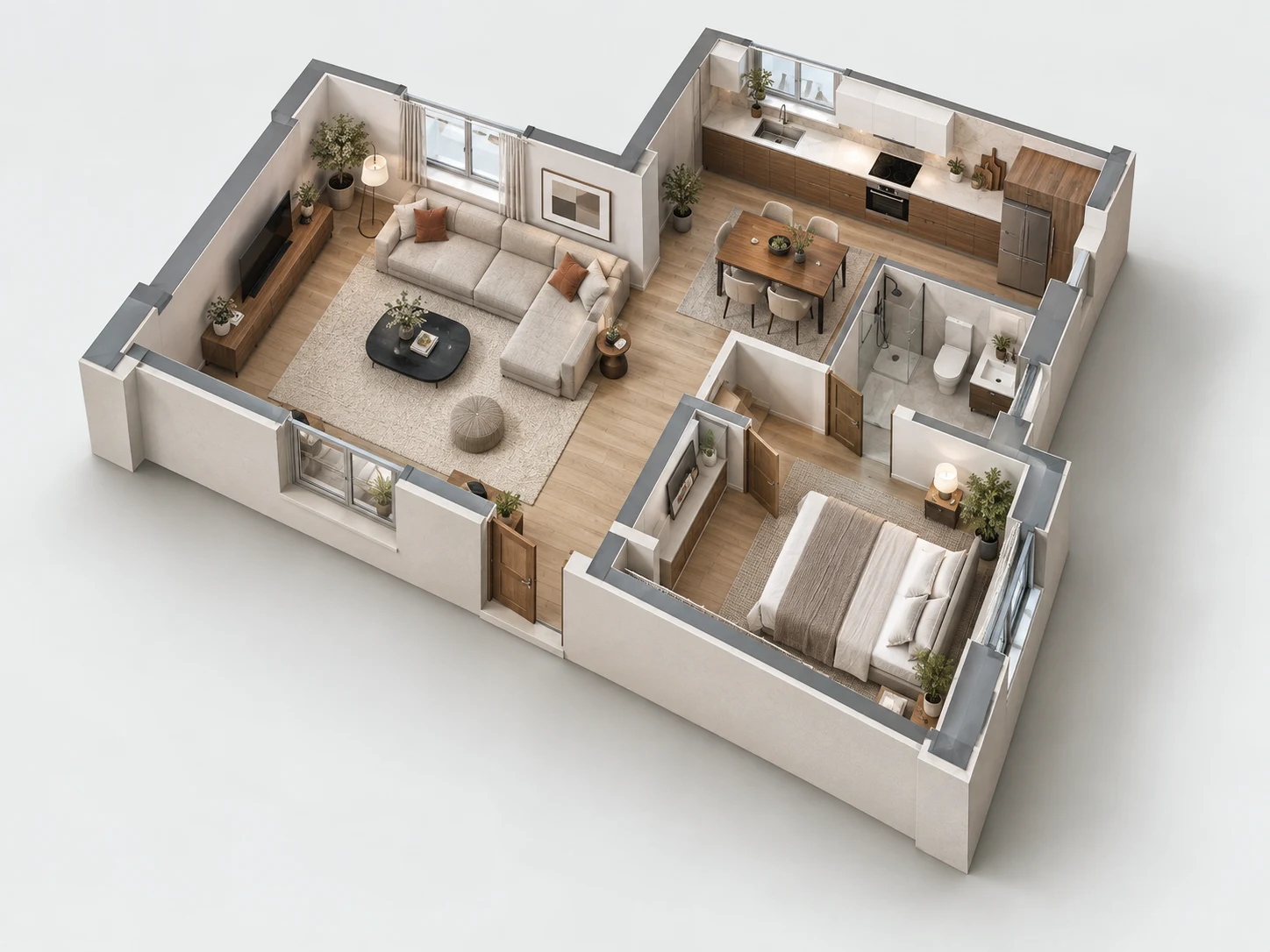 Furnished cutaway house illustration with living, kitchen and bedroom spaces